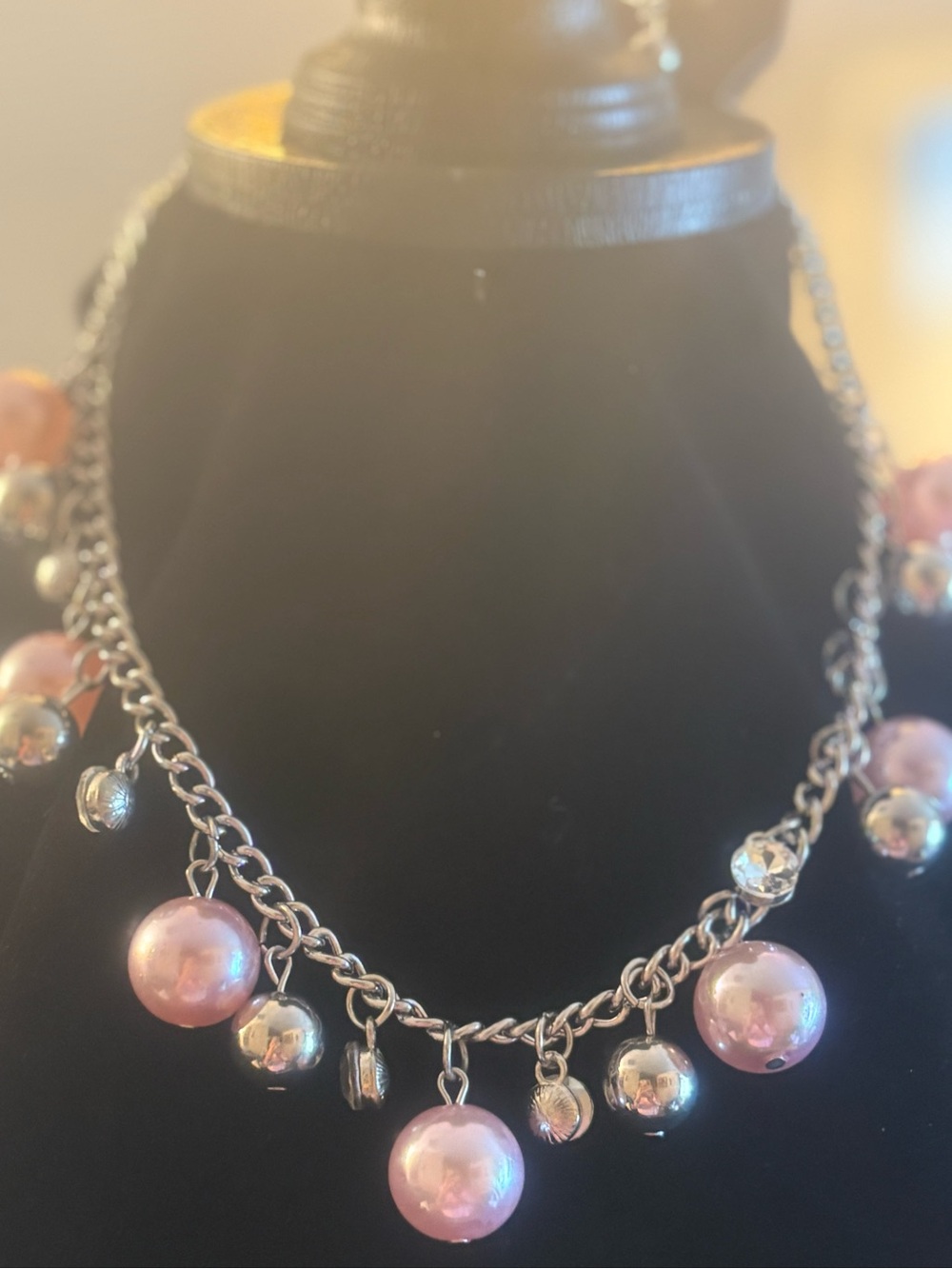 Silver Chain Necklace with Pink and Silver Beads